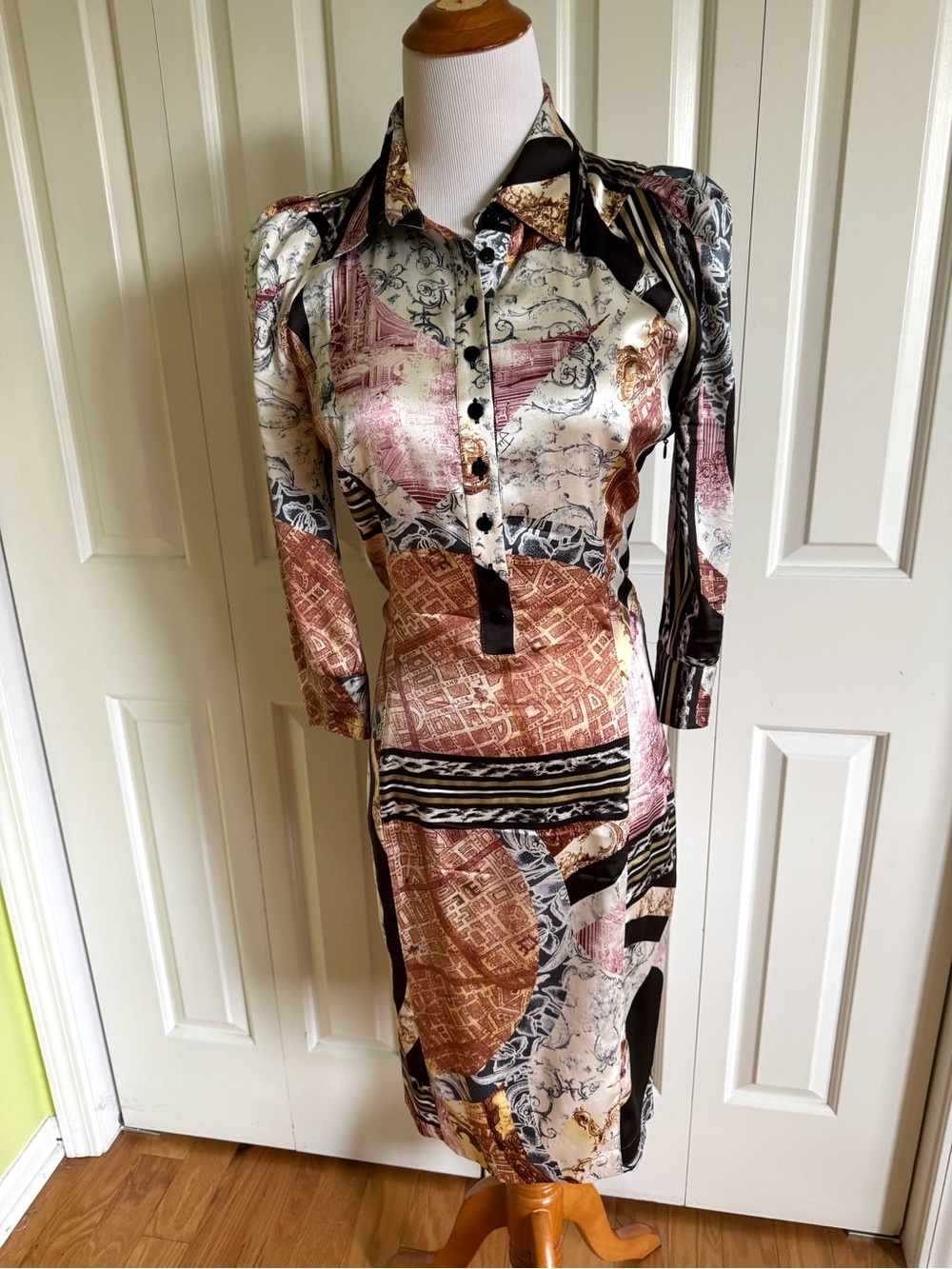 Just Cavalli Multicolor Silk Abstract Midi Dress with Black Sash 6/42